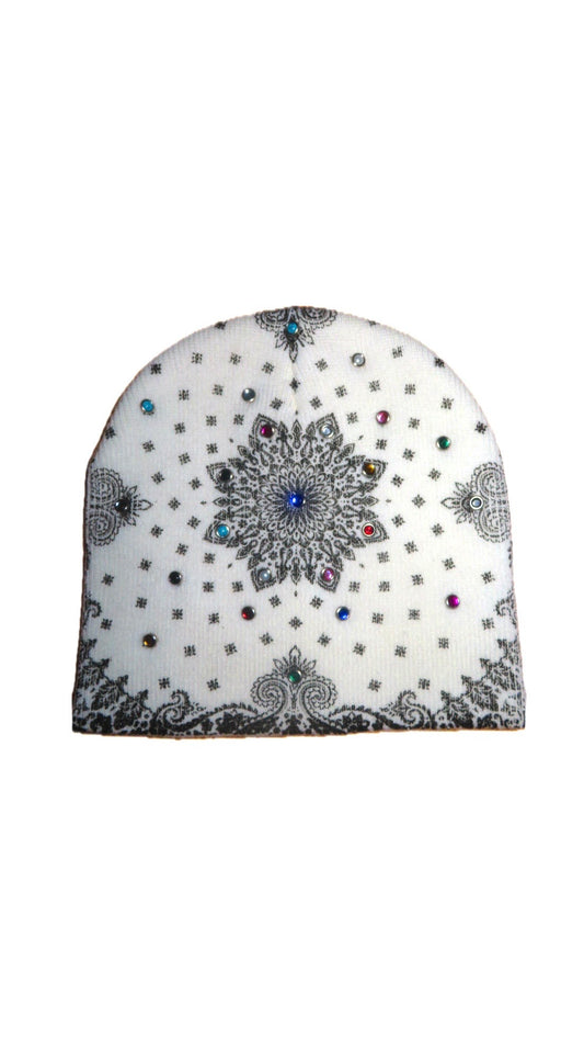 White Studded Paisley Beanie